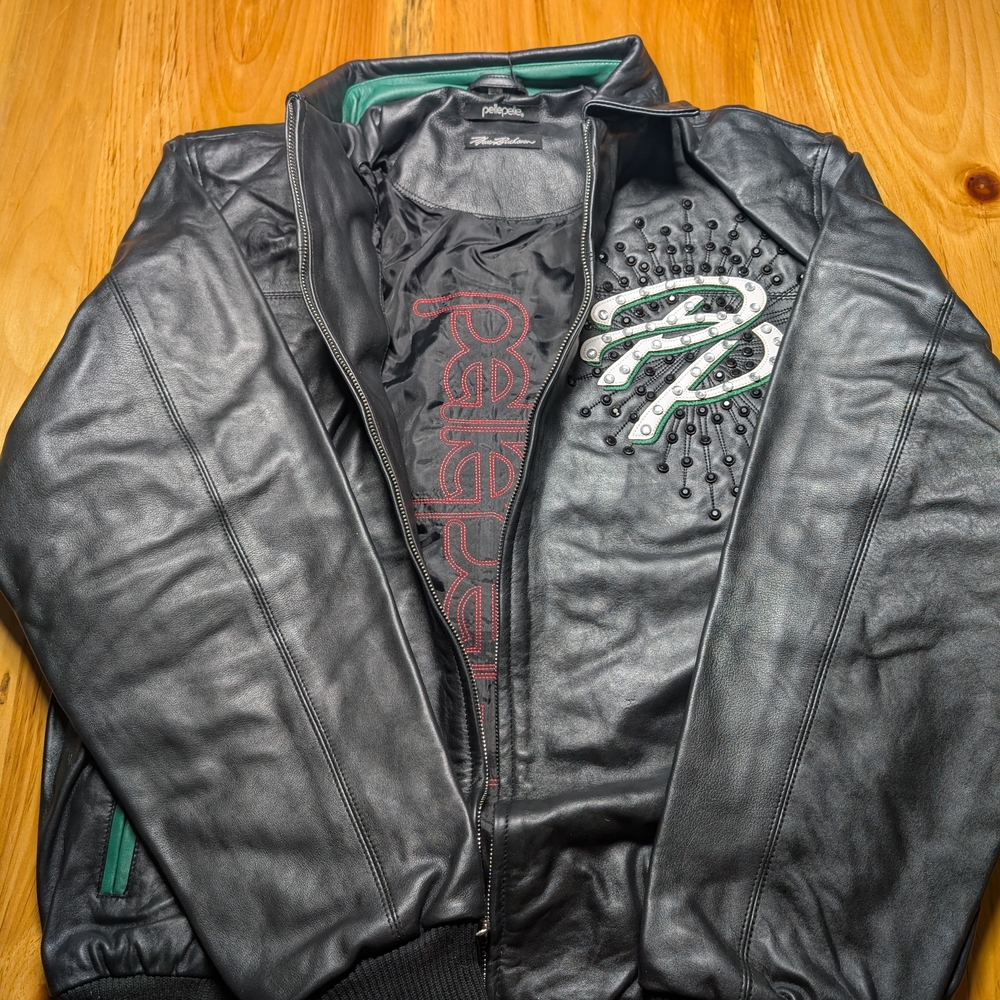 Authentic Pelle Pelle Black Bomber Varsity Jacket with Distressed Leather - Picture 2 of 4